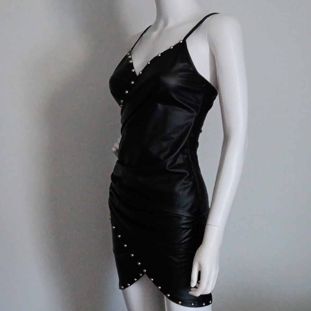 Black Studded Faux Leather Mini Dress